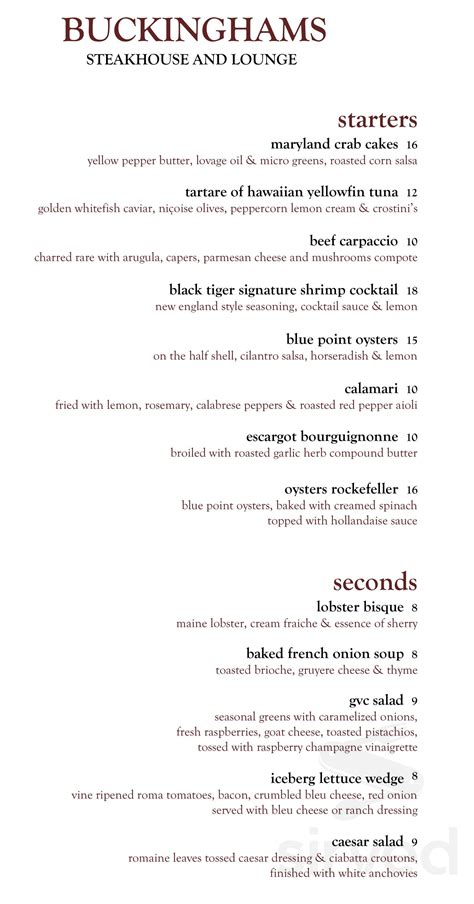 buckinghams steakhouse and bistro elgin menu The menu includes and menu