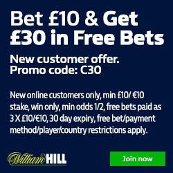 c30 william hill  Customers must make a minimum deposit of £10 or more to be eligible for this offer, and they must then wager £10 on any sports market at odds of 1/2 (1