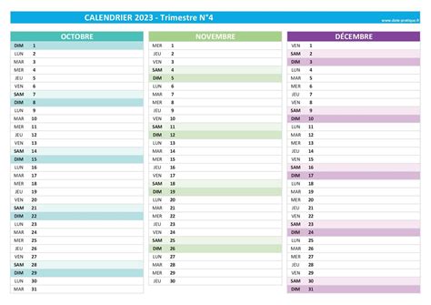 calendrier 2023 trimestre 4  Vous pouvez aussi regarder les calendriers mensuel de 2023 et y compris les numéros de semaine si vous cliquez sur un mois ci-dessus