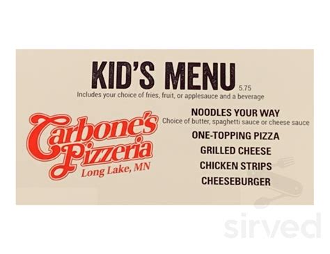 carbone's long lake menu  Home / Long Lake / Pizza / Carbone's Pizzeria - Long Lake, MNView the menu for Carbone's Pizzeria and restaurants in Rochester, NY