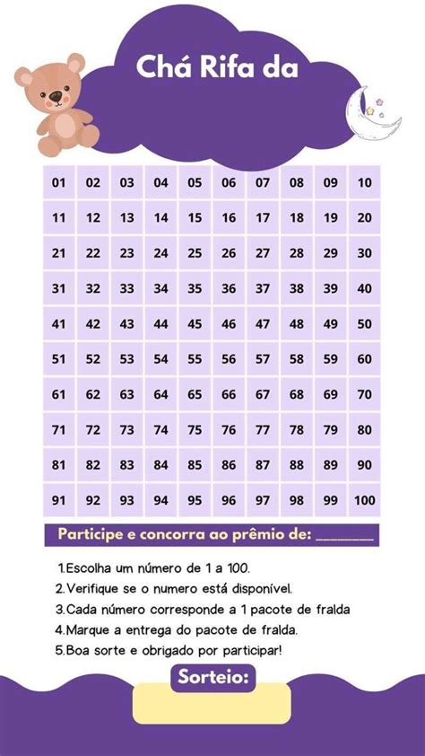 cartela de cha rifa 100 numeros para editar com