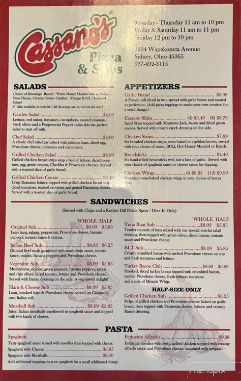 cassano's sidney, ohio menu Cassanos Pizza and Subs 1294 Wapakoneta Ave , Sidney , OH 45365 OH > Sidney > 45365 Main Menu Appetizers Boneless Chicken Crispers a half pound of tender, white