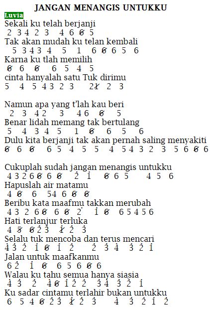 chord jangan menangis untukku  E C#m aku menyesal telah membuatmu menangis F#m B dan biarkan memilih yang lain A G#m C#m tapi jangan pernah kau dustai takdirmu F#m A B pasti itu terbaik untukmu E C#m janganlah lagi kau mengingatku kembali F#m B aku bukanlah