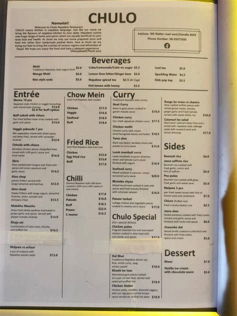 chulo nepalese perth menu  189 Walter Rd W, Dianella WA 6059 