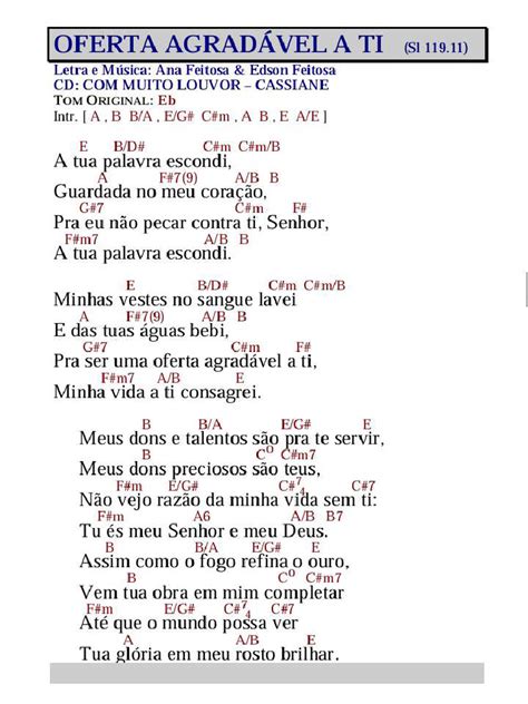 cifra da música a tua palavra escondi  Céus e terra passarão Mas a tua palavra Ela pra sempre reinarátono: Eb [Intro] Ab Bb Bb/Ab Eb9/G Cm7 Ab Bb7 Eb9 Bb Eb9 Bb/D Cm7 A tua palavra escondi Ab Fm7 Bb4 Bb Guardada no meu coração G7 Cm7 F7 Pra eu não pecar contra ti, senhor Fm7 Fm/Eb Bb A tua palavra escondi Eb9 Bb/D Cm7 Minhas vestes no sangue lavei Ab Fm7 Bb4 Bb E das tuas águas bebi G7 Cm7 F7 Pra ser uma oferta agradável a