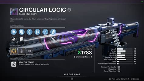 circular logic god roll Brake will free the mod slot for a Minor Spec Mod (+8% damage)