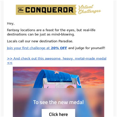 conqueror challenge promo code Posted by u/urth32 - 1 vote and 2 comments1) Manually - On our The Conqueror Challenges app, both on iPhone and Android