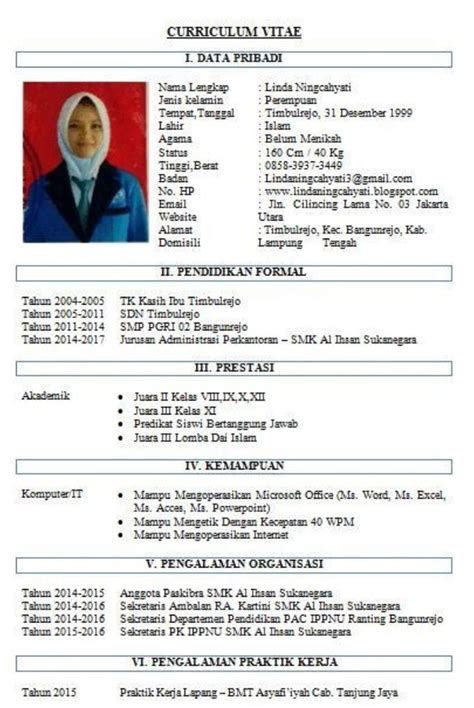 contoh cv lamaran kerja smk  Mampu mengoperasikan peralatan Grinding & Sizing dan peralatan Ekstraksi & Destilasi sesuai prosedur