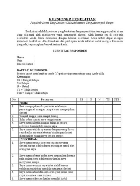 contoh kuesioner pendidikan  Rata-rata Pendapatan : [ ] ≤ Rp 2