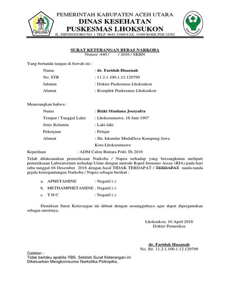 contoh surat bebas narkoba dari puskesmas Contoh Surat Pengantar Mcu Dari Perusahaan / Surat Keterangan Bebas Narkoba Cara Membuat Dan Contohnya