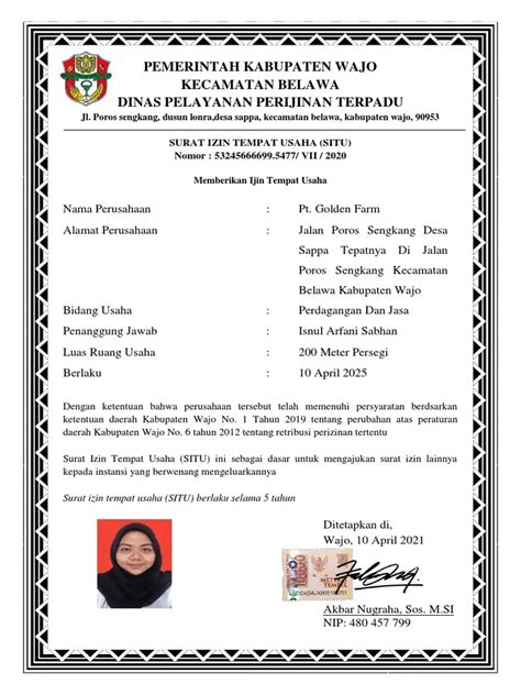 contoh surat izin tempat usaha situ  Tempat/Tanggal Lahir : 4