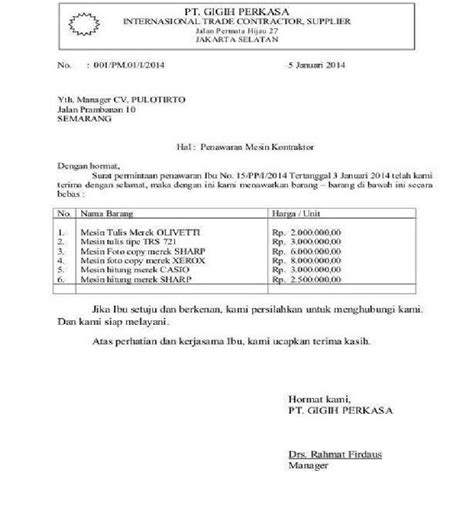 contoh surat penawaran barang elektronik  88 Jakarta Pusat 