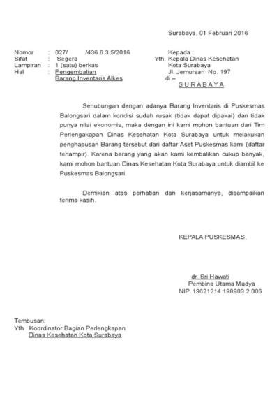 contoh surat pengembalian barang pinjaman  Jendral Sudirman No