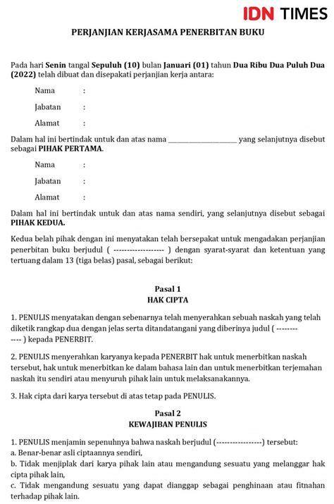 contoh surat perjanjian kerjasama  Contoh: Jangka waktu kerjasama ini adalah selama 2 tahun, mulai dari tanggal 1 Januari 2021 sampai dengan 31 Desember 2022