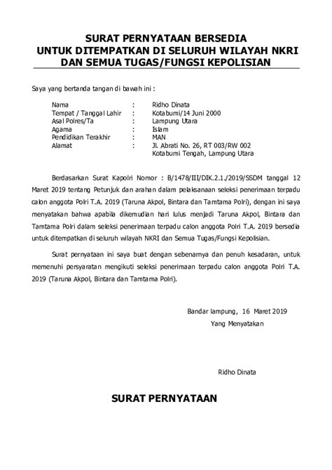 contoh surat pernyataan bersedia ditempatkan dimana saja 000,-