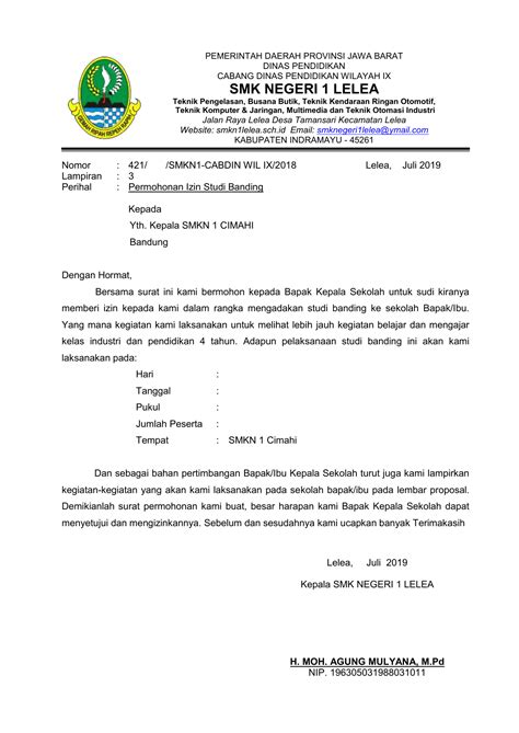 contoh surat studi banding Kabupaten Bekasi yang Ibu Pimpin