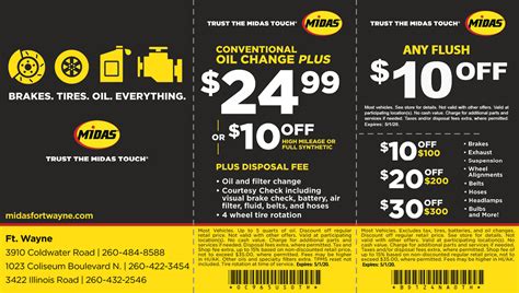 coupon for midas oil change 99 Synthetic Blend or $20 off Full Synthetic Oil Change With Tire Rotation Plus Disposal Fee