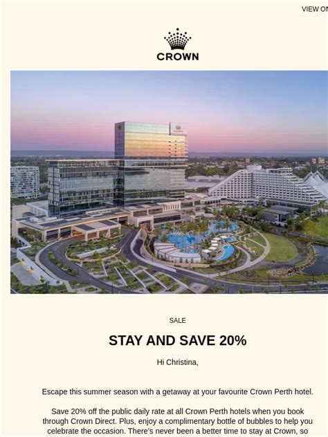 crown towers perth voucher Treat yourself to two nights at Crown Towers Sydney and we’ll throw in a third night for free! You’ll also enjoy buffet breakfast for two at Epicurean every morning of your stay in addition to your exclusive Crown Direct rates