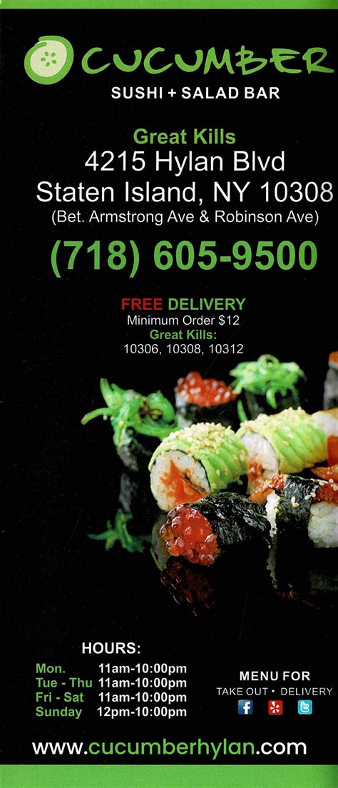 cucumber sushi hylan  See all Lunch Specials Restaurants in Staten Island, complete with Menus and November Specials! Specialties: We specialize in fresh sushi and also high quality Pan-Asian cuisine ranging from Thai to Vietnamese inspired dishes