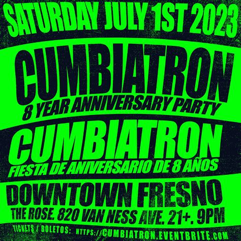 cumbiatron fresno  Eventbrite - Definitive Productions presents The Cumbiatron™ 8 Year Anniversary Party - Saturday, July 1, 2023 | Sunday, July 2, 2023 at The Rosé, Fresno, CA