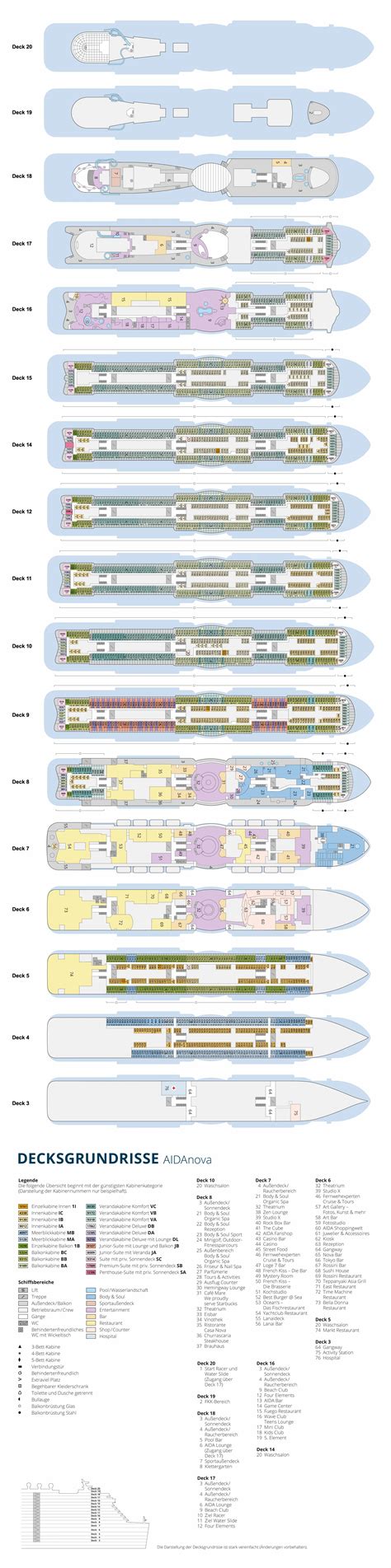 decksplan aidanova Cruise cabins from 4059 to 4360, of which Inside (Innenkabine, category IC) and Oceanview (Meerblickkabine, category MB)