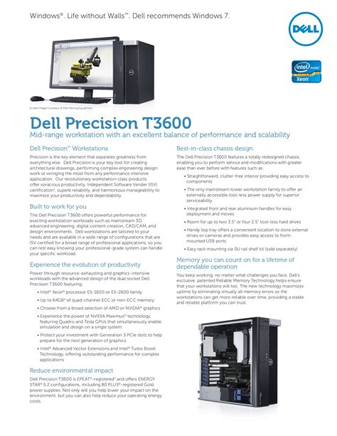 dell t3600 spec The Dell Precision T5600 workstation features Intel's C600 series chipset to support dual Xeon E5-2600 processors with up to 8 cores each