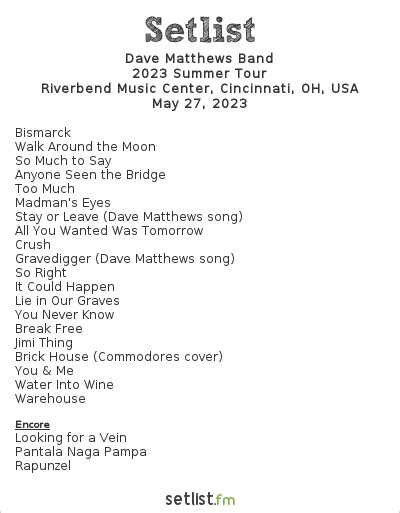 dmb setlist pine knob 2023 Get the Dave Matthews Band Setlist of the concert at Bridgestone Arena, Nashville, TN, USA on May 26, 2023 from the 2023 Summer Tour and other Dave Matthews Band Setlists for free on setlist