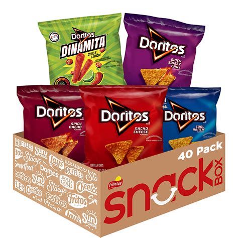 dorritos chips Frito-Lay snacks include Lay's and Ruffles potato chips, Doritos tortilla chips, Cheetos snacks, Tostitos tortilla chips and branded dips, SunChips multigrain snacks and Fritos corn chips