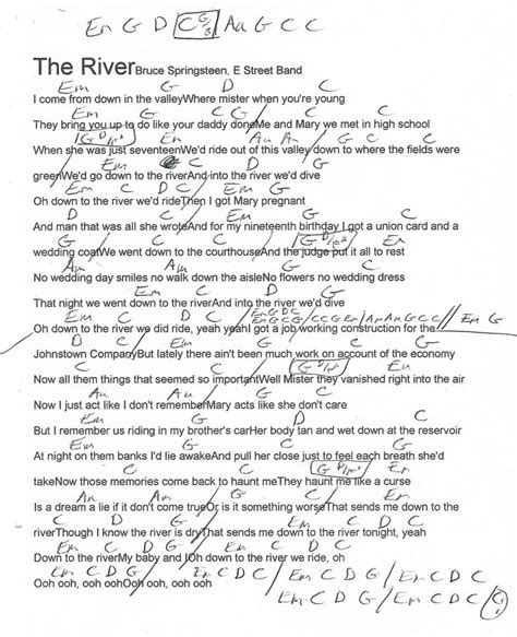 down to the river bruce springsteen chords [Verse 1] The road is long and seeming without end The days go on, I remember you my friend And though you're gone and my heart's been emptied it seems I'll see you in my dreams [Verse 2] I got