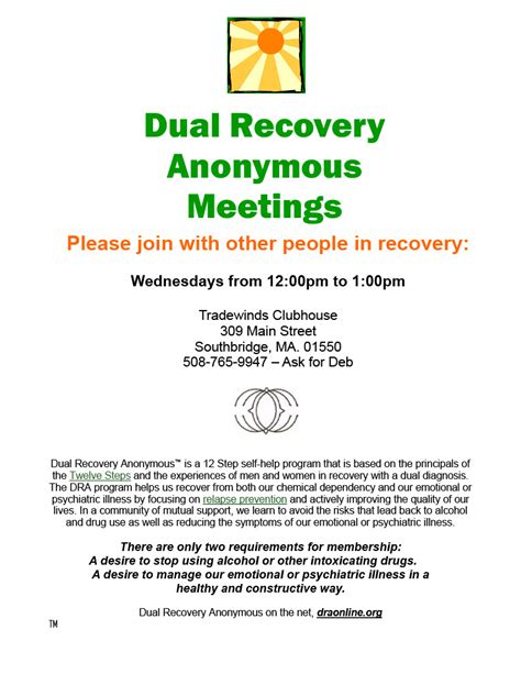 dual recovery anonymous MA Clubhouses Find Your Clubhouse Types of Employment MCC Committees Dual Recovery Committee Advocacy Committee Employment and Education Committee Membership Committee Dual Recovery Anonymous Overview Virtual Meetings In-Person Meetings Dual Recovery Resources Dual Recovery Events Clubhouse Conference