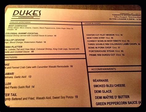 dukes chophouse menu  Both were excellent as were our cocktails