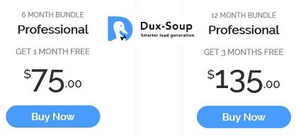 dux-soup discount code  Get it now!Pro Dux is billed at $15 and offers basic messaging, connection and CSV import functionality Turbo Dux costs $55 and offers additional functionality such as drip campaigns and funnel management Team and agency accounts enable you to get discounted pricing when purchasing multiple seats