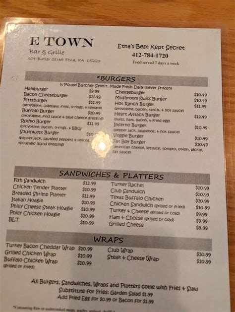 e town bar and grill menu 