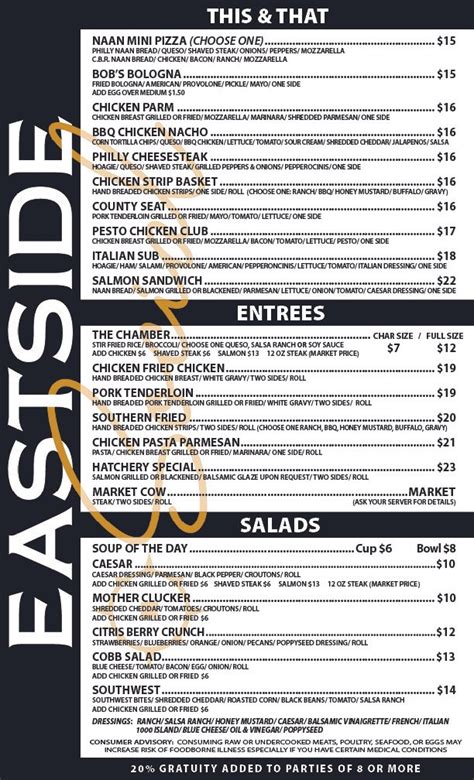 eastside social menu  Eastside Social, Toronto: See 78 unbiased reviews of Eastside Social, rated 4 of 5 on Tripadvisor and ranked #523 of 8,853 restaurants in Toronto