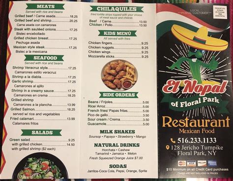 el nopal of floral park menu 9 - 79 votes Hours: 11AM - 11PM 128 Jericho Turnpike, Floral Park (516) 233-1133 Menu Order Online Been coming here for a bit now, and no matter who's there, the customer service has always been impeccable