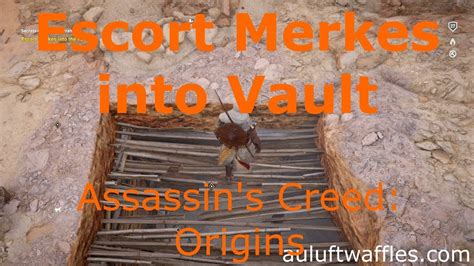 escort merkes into the vault  Next: Escort Merkes into the Vault All Story Quests All Assassin’s Creed: Origins Guides To reach and explore the Tomb of Snefaru to retrieve the artifact in Secrets of the First Pyramids in Assassin’s Creed: Origins push the statue towards