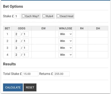 ew lucky 15 calculator  The odds for an each-way Lucky 15 will be higher than those for a win Lucky 15, but you can still expect to have some good wins