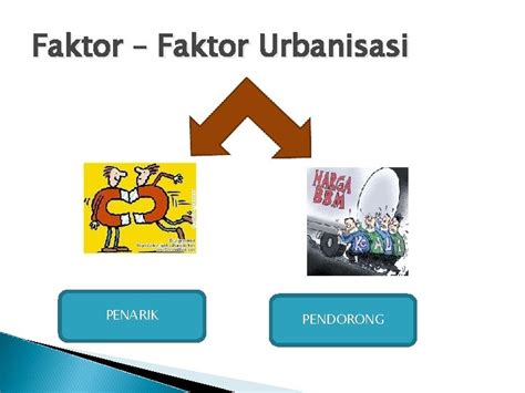 faktor penarik dan pendorong urbanisasi  Selain itu, faktor pendorong dari urbanisasi adalah pekerjaan di luar sektor pertanian yang sulit, ingin kehidupan yang lebih baik, fasilitas di desa yang kurang, dan upah di