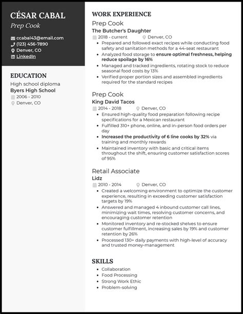 food prep cook resume examples Use this template Food Prep resume format and sections 1 Add contact information to your food prep resume Your name should be the biggest text on the page