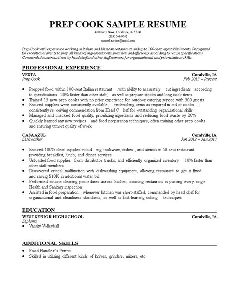 food prep cook resume examples They need to have a variety of skills to be successful in this role