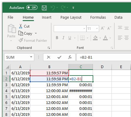 formula to calculate time difference crossing midnight e