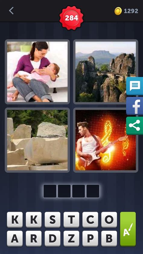 four pics one word level 284 4 Pics 1 Word is a popular word puzzle game in which a player is given four pictures and must guess the common word among them