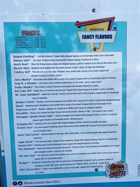 funky munky shaved ice menu  No matter what type of frozen treat you're looking for, Olden has a special frozen dairy treat to offer