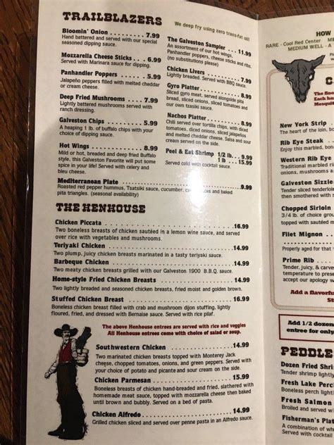 galveston steakhouse 2 for $22 menu 00:Specialties: Specialties include all of our BBQ! Pork skins, Bones, Brisket Nachos and Tacos are awesome! Established in 2011