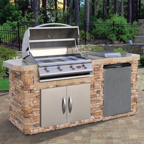 gas grill island kits 3-Piece Island with 4-Burner Propane Gas Grill Island and Rotisserie in Stainless Steel Turn your backyard into a state-of-the-art outdoor kitchen with the Cal Flame 22-e3100-ST BBQ Island