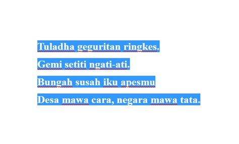 geguritan ing bahasa indonesia diarani apa  Puisi basa Jawa gagrag anyar (modern) kang ora kaiket dening paugeran (aturan) sing gumathok diarani… a