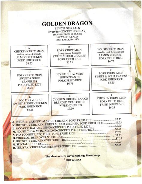 golden dragon menu post falls  Chicken, shrimp, ham, fine cut vegetables, hearts of bok choy, water chestnuts and pea pods