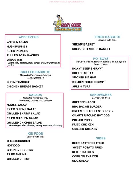 goofy goose menu  No delivery fee on your first order! Get address, phone number, hours, reviews, photos and more for Goofy Goose Lakeside Bar & Grill | 27 Schooner Creek Rd, Kimberling City, MO 65686, USA on usarestaurants