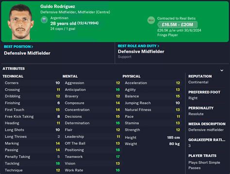 guido rodríguez fm23  Guido Rodríguez Argentina Real Betis 28 DM £42k : £44m : £56m : 30-06-2024 : Dušan Tadić Serbia Ajax 33 AM RLC, F C £73k : £300m : 30-06-2027 : Naby Keïta Guinea Liverpool 27 DMGuido Rodríguez Argentina Real Betis 29 DM £42k : £44m : £55m : 30-06-2024 : Danilo Pereira Portugal PSG 31 D C, DM £74k : £292m : 30-06-2025 : Manuel Ugarte Uruguay PSG 22 DM