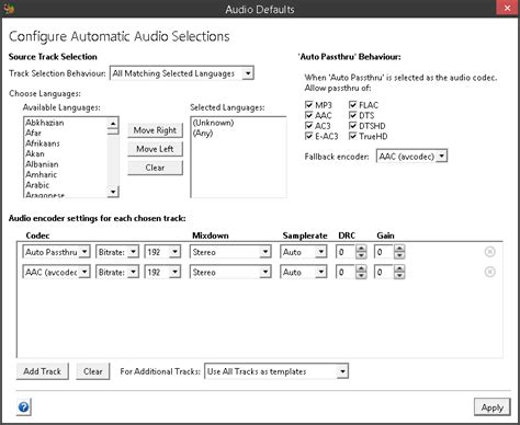 handbrake auto passthru  So I decided to set AC3 Passthru as a default in Handbrake to my preset, however when I reload defaults on everything in my queue it pulls all the other correct info but the AC3 Passthru doesn't show and appears as AC3 with a Dolby Pro Logic II mix down, which was the default before I started doing own preset